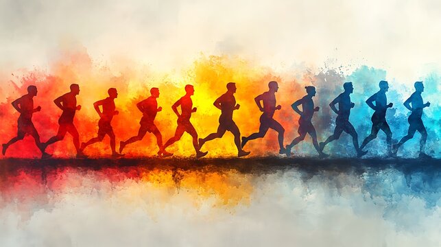 Watercolor-style depiction of runners in a marathon, their silhouettes painted with vibrant strokes to illustrate the energy and determination of the race ::2 artistic brushwork, blurred motion, 