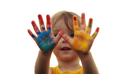 child with painted hands on a nice sunny day - PNG Transparent background