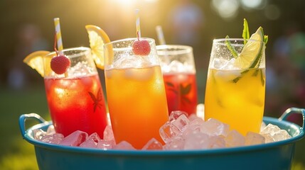 Refreshing drinks ice bucket glass bottles colorful beverages