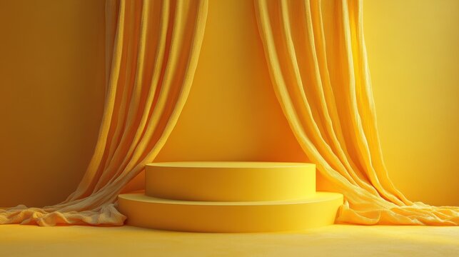 Bright yellow stage setup with layered circular platforms and flowing curtains, ideal for presentations