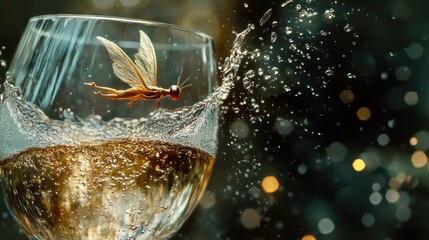 Cricket in sparkling wine glass splash.
