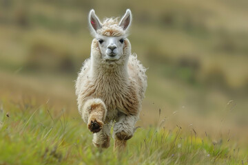 Obraz premium A cheerful llama bounds energetically through a lush green field, showcasing its playful spirit while basking in the warm daylight. The landscape radiates tranquility and joy.