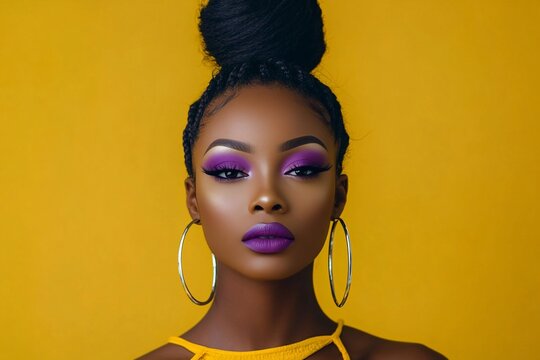 Fashionable young african american woman with stylish violet makeup on yellow background