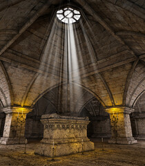Interior of a creepy abandoned old crypt, magical burial chamber