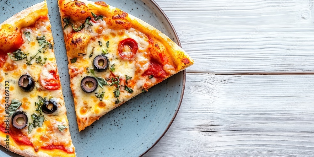 Canvas Prints Aerial view of two pizza slices with cheese olives and herbs on a blue plate against a white wooden background highlighting fresh colors and textures