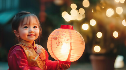 Fototapeta premium A young child in a traditional red and gold Chinese outfit, holding a red lantern with a joyful expression, celebrating Lunar New Year.