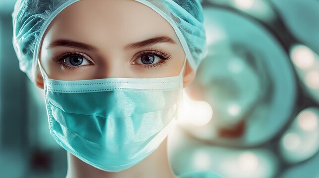 A focused medical professional wearing a mask and surgical cap in a modern operating room environment.