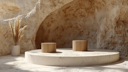 Minimalist Cave Podium: Two cylindrical wooden podiums are perched on a circular platform, nestled within the soft glow of a cave-like setting. The scene is bathed in warm, natural light.