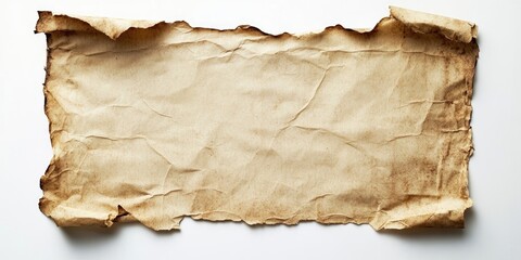 Aged worn paper with curly edges centers on a pure white background, showcasing rich earthy tones and subtle texture for an elegant vintage feel.
