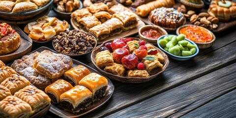 A vibrant assortment of traditional eastern desserts displayed on a rustic wooden surface featuring colorful baklava, halva, and assorted sweets.
