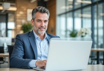 Fototapeta premium Mature businessman working on laptop. Handsome mature business leader sitting in a modern office, hd image