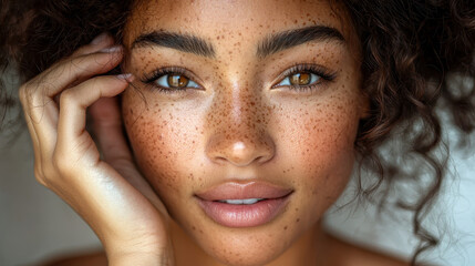 Woman with captivating eyes and flawless complexion, radiating beauty and charm in soft, vibrant lighting with perfect bone structure