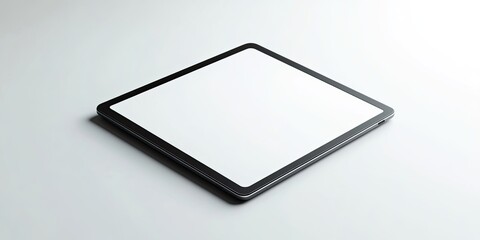 Three dimensional tablet device with a blank screen positioned at a slight angle against a minimalistic white backdrop creating a modern aesthetic.