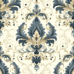Fototapeta premium Seamless vintage floral pattern with baroque-style ornaments and elegant symmetry, ideal for fabric prints, upholstery, or luxury home decor.