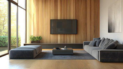 A bright living room with large windows, offering plenty of natural light and openness.