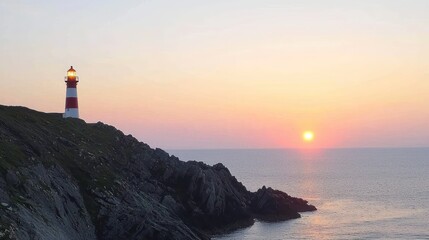 A lighthouse at sunset by the ocean, illuminating the coastline.