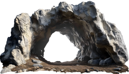 Big empty rock cave with entrance isolated on transparent background . PNG, cutout, or clipping path.