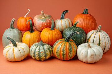 An arrangement of various pumpkins showcases their unique colors and textures, set against a lively orange backdrop that highlights the beauty of autumn's harvest.