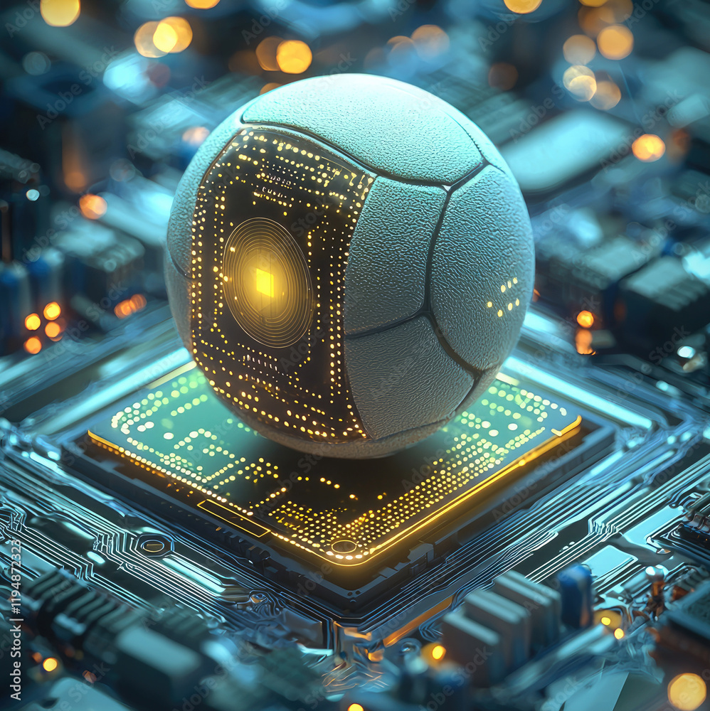 Poster a futuristic ai chip integrated into sports equipment, symbolizing advanced technology and precision