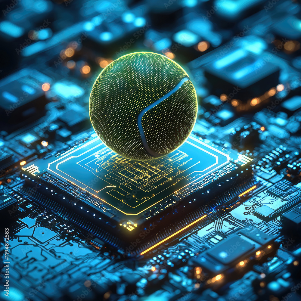 Poster a futuristic ai chip integrated into sports equipment, symbolizing advanced technology and precision