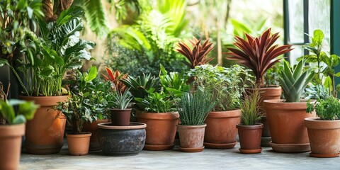 Vibrant assortment of potted plants in a lush greenhouse setting with greenery in the background and space for text at the top left corner