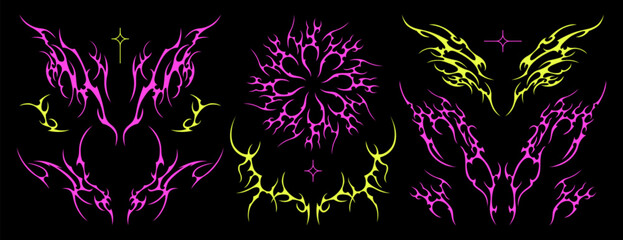Acid neo tribal y2k goth tattoo set with butterfly, womb silhouette, symmetrical shapes or gothic art elements. Cybersigilism stickers, futuristic trendy grunge ornaments or hand drawn neotribal icons