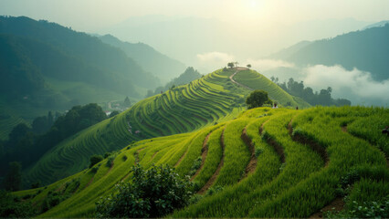 Fototapeta premium Lush green rice terraces under the morning sunlight in a mountainous landscape