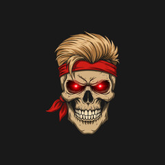 A stylized illustration depicts a skull with glowing red eyes blonde hair and a red bandana.