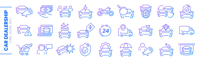 Set of vector thin line icons of car dealer. Auto sale dealership, automotive industry or vehicle trade center linear symbols. Rental service, repair shop, purchase agreement, transportation insurance