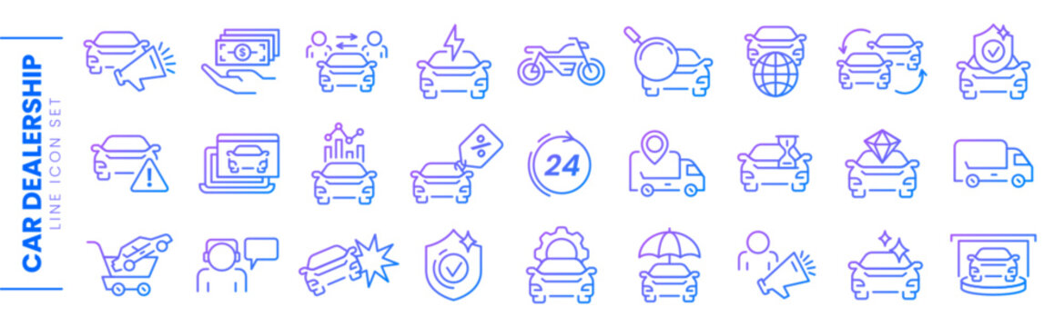 Set of vector thin line icons of car dealer. Auto sale dealership, automotive industry or vehicle trade center linear symbols. Rental service, repair shop, purchase agreement, transportation insurance