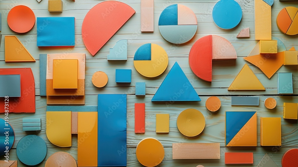 Leinwandbilder a organized desk setup with a light wooden surface with many colorful flat geometric paper shapes li