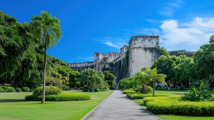 Ancient Stone Fortress in Lush Garden