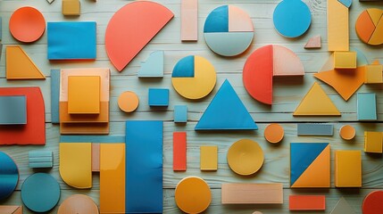A organized desk setup with a light wooden surface with many colorful flat geometric paper shapes like circle, rectangle, triangles isolated laying around.