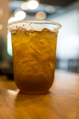 Iced lemon tea on the wood table