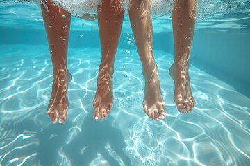 Children sitting on the edge of the pool in summer on a sunny day, legs under water.