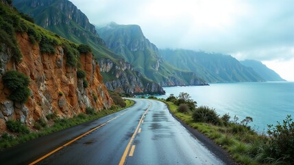 Scenic coastal road winds through lush mountains near the ocean in rainy weather