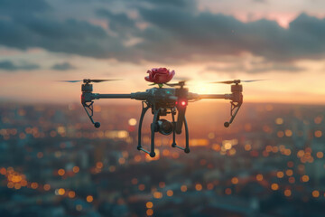 Obraz premium High-tech drones soar through the evening sky, delivering beautiful Valentine's roses to couples in an enchanting urban setting, creating a unique romantic experience.