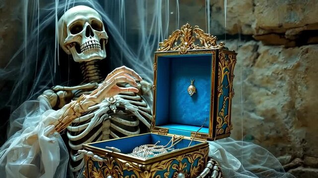 Skeleton discovers treasure in ornate box inside a cobweb-covered chamber