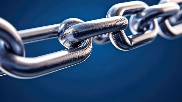 Close-Up View of Interlocking Steel Chain Links Against a Blue Background
