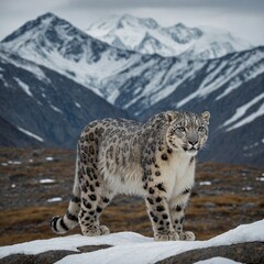 Fototapeta premium A snow leopard standing majestically with a mountainous outline faintly visible.