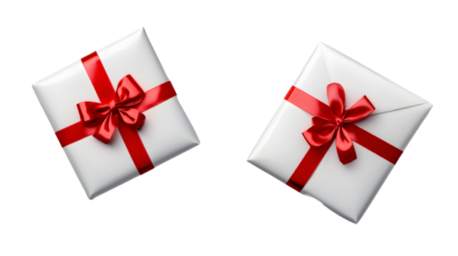 Top view of Christmas, birthday presents wrapped in white paper with red ribbon and bow decoration isolated against a transparent background.