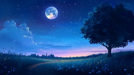 Naklejka premium Night sky illuminated by a bright moon over a tranquil meadow landscape at dusk