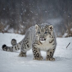 Obraz premium A playful snow leopard cub chasing its tail.