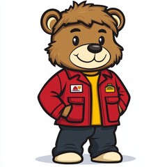 Fototapeta premium Friendly Brown Bear Wearing Red Jacket and Jeans