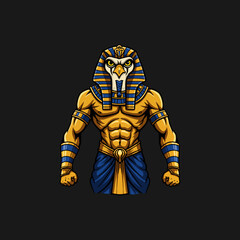 A powerful illustration depicts a muscular, eagle-headed pharaoh wearing a traditional headdress.