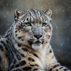 Fototapeta premium A snow leopard sitting gracefully, thick fur shimmering under soft light.