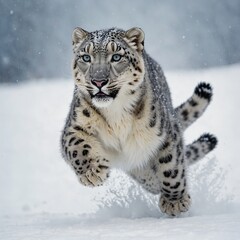 Fototapeta premium A snow leopard mid-leap, frozen in motion, white background.