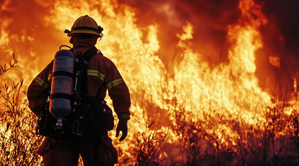 Naklejka premium A firefighter bravely fighting a wildfire. An active fire rescue operation in a densely wooded area.
