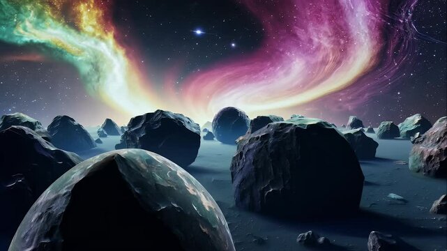 A glowing asteroid field surrounded by shining multi-colored space clouds and distant galaxies