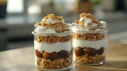 Layered Date Parfait with Yogurt and Granola in Glass Jars for Modern Breakfast Styling